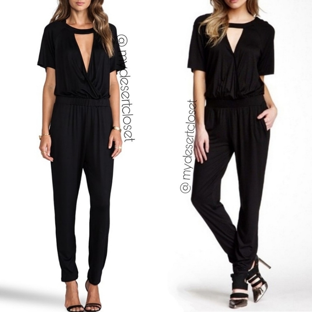 Trina Turk Manhattan Black Cut Out Deep Wrap Neck Jersey Jumpsuit NWT